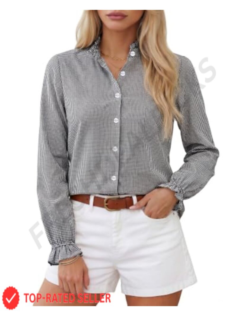 Plaid Button Down Shirt Ruffle Neck Puff Sleeve Women's Blouse